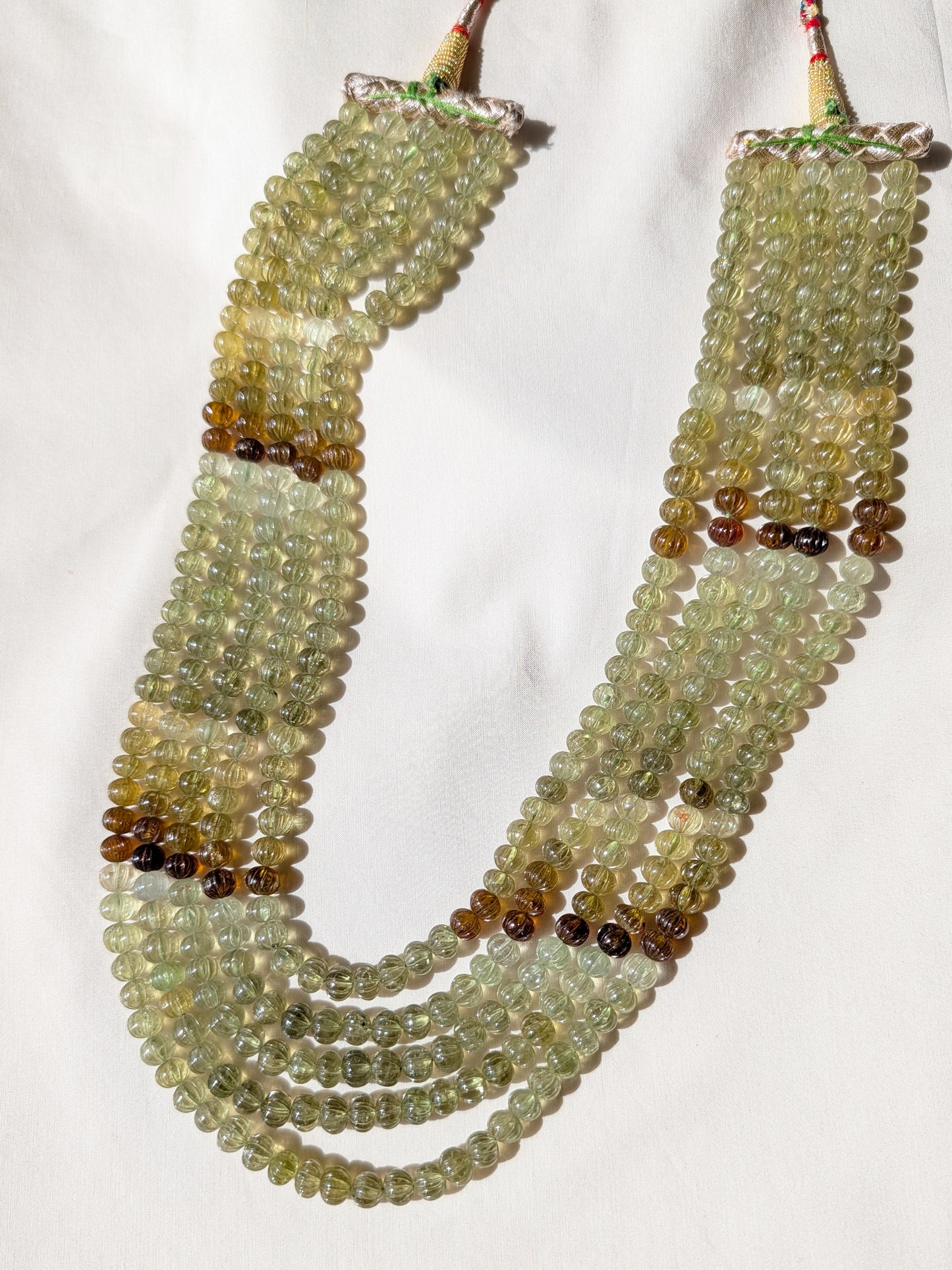Grossular Garnet Carved Melon Beads 7mm Olive Green Brown | 16–19 inch