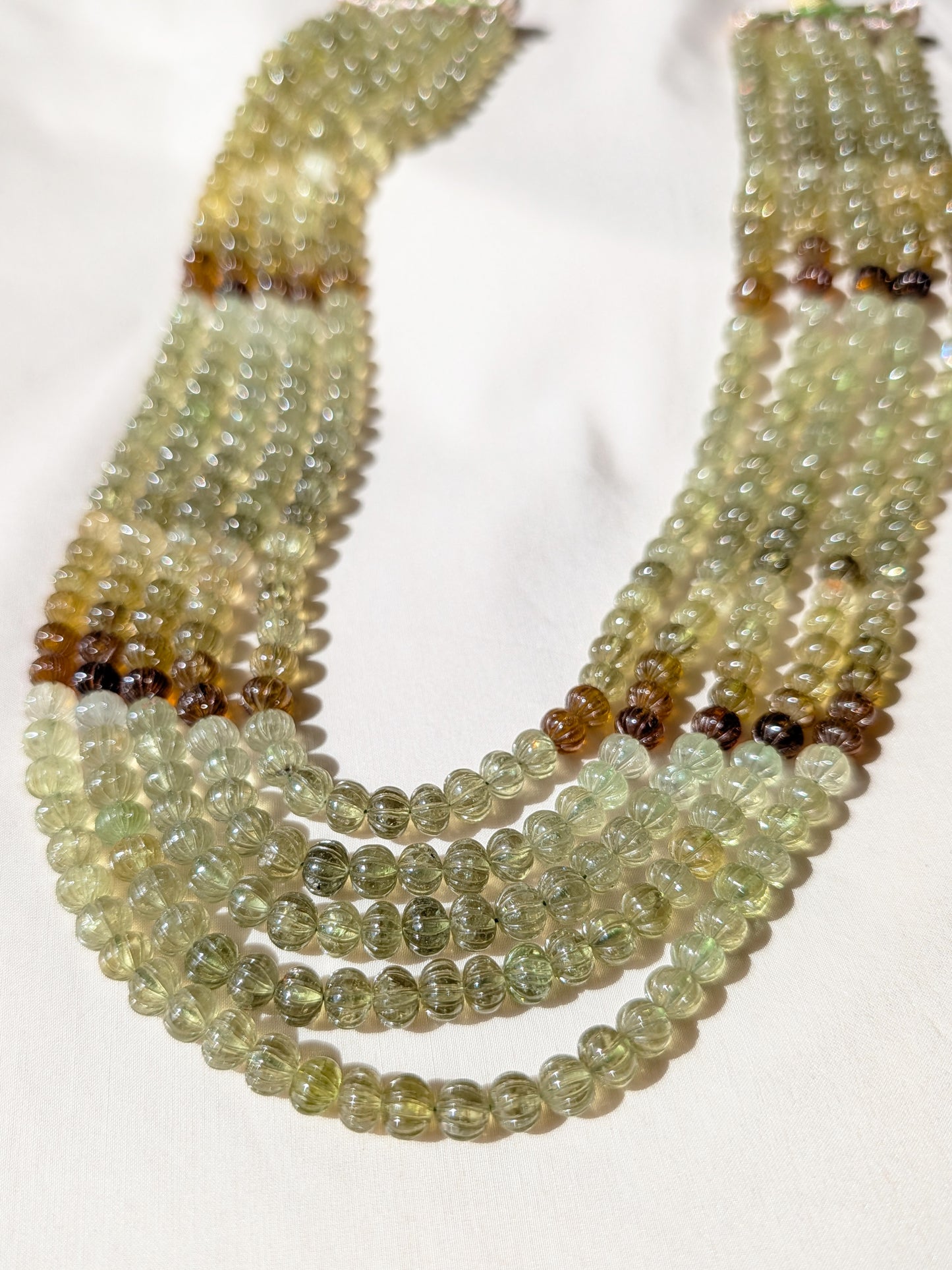 Grossular Garnet Carved Melon Beads 7mm Olive Green Brown | 16–19 inch